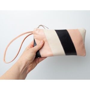 Handmade Amara Felice Leather Wristlet /Pouch / Clutch Black Cream Pink Stripe